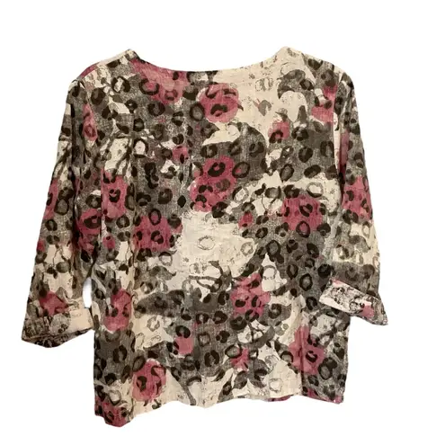 Hot Cotton by Marc Ware Floral Leopard Print Linen Top Blouse Small Pink