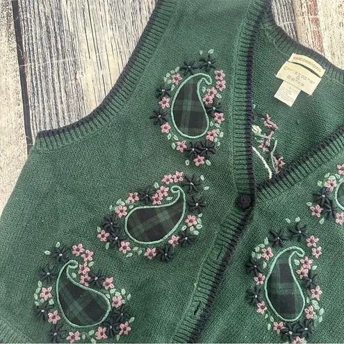 Christopher & Banks Vintage  Hand Embroidered Forest Green Knit Vest