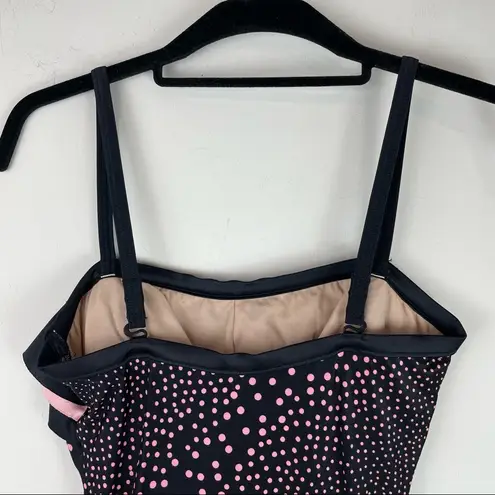 NWT Vintage Robby Len Y2K Polka Dot Ruffle One Piece Swimsuit Sz 14 Pin Up Style Black