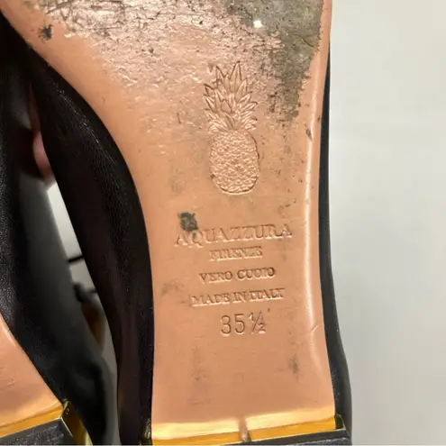 Aquazzura Christy Flat Black Leather Tie Up Lace Ankle Gold Plated EUR Size 35.5