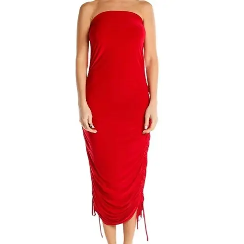 Club L  London Red Strapless Side Ruched Midi Tube Dress