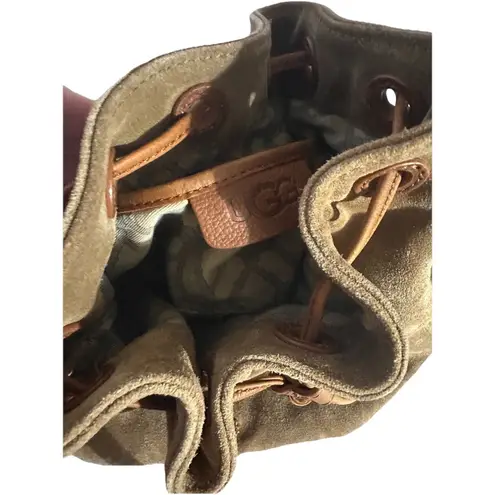 UGG Brown Suede Bucket Bag w/Fur Accents On Side Crossbody Bag Purse Adj Straps