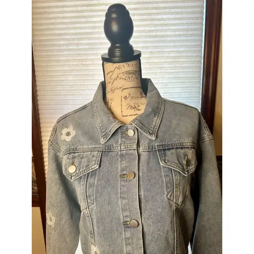 NWOT Miss Sparkling Small Cropped Embroidered w Flowers & Mushroom Jean Jacket Blue