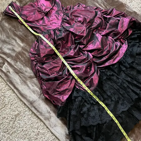 Vintage One of a kind Wine Metallic Prom Dress with Layers of Ruffled Black Lace