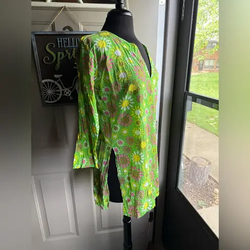 Vintage flower power green pink yellow cotton tunic, size medium