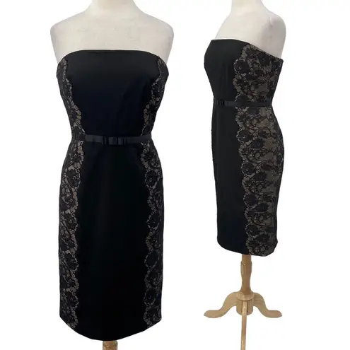 Tadashi Shoji Vintage 90s Tadashi Strapless Mini Sheath Dress Lace Side Panels Satin Black 10