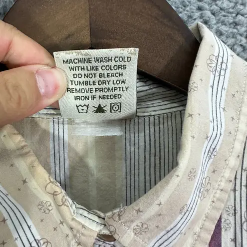 Cabela's Shirt M Beige Purple Stripe Floral Button Front Western Cottagecore