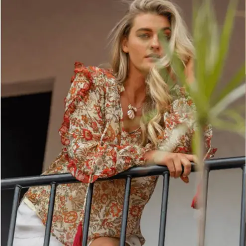 Miss June PARIS Helena boho peasant floral tassel tie blouse One size fits Most Red