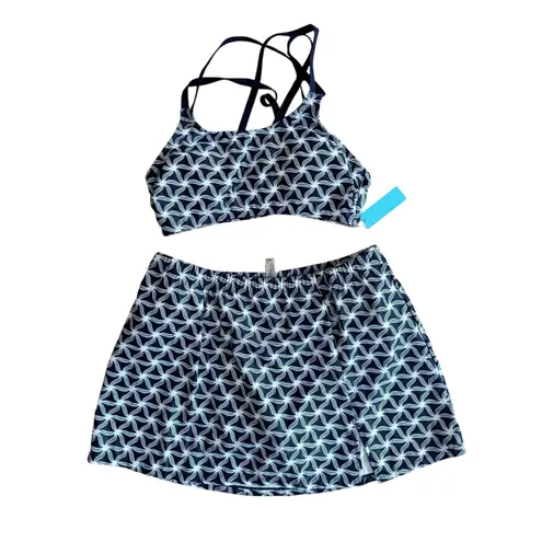 Yonique Swimsuit Set Skirted Bottom Navy White Floral Womens Sz M 14W Tankini Blue