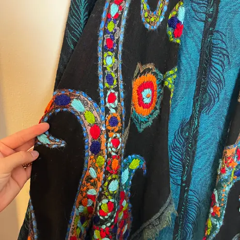 Soft Surroundings - Wool Silk Embroidered Peacock Fringe Duster Topper Cardigan