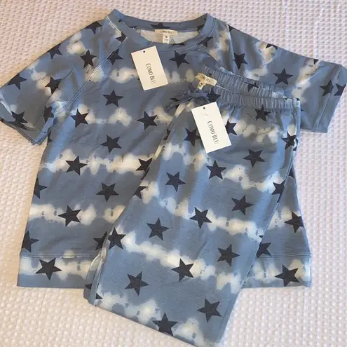 NEW! COMO BLU Loungewear Pajama Set Short Sleeve Top Joggers Sweats Blue Stars M White Size M