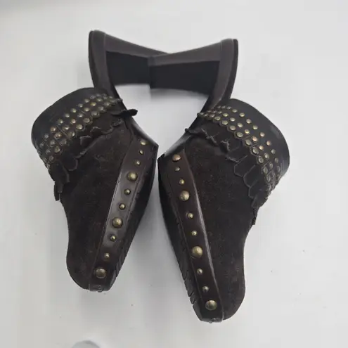 Van Eli Brown Suede Studded Clog Mules Heels Fringe Trim Slip On Women’s 9W Boho Size 9