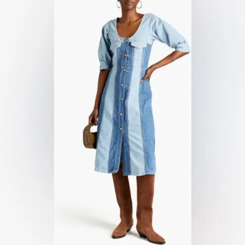 Ganni NWT Two Tone Cutline Blue Denim Midi Dress