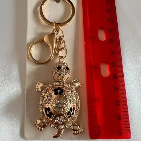 None Turtle Bag And Key Chain Charm Black/White Crystal Rhinestone Gold Tone Hardware