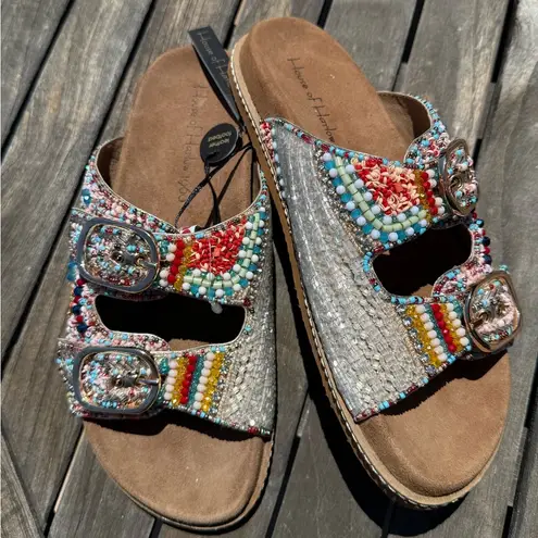 NWT House of Harlow 1960 Beaded Slides Sandals Multicolor Rainbow Design Size 8 Red