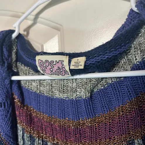 Rosie Neira Anthropologie Curved Stripes Crochet Cardigan Sweater Metallic Small Blue