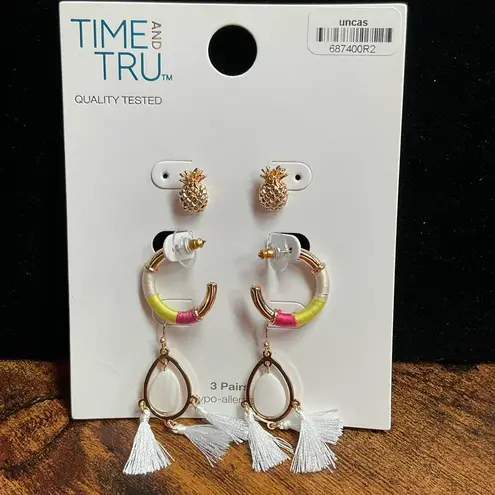 Time and Tru Pineapple Studs and Tassel Earrings and Hoop Earrings Set Gold