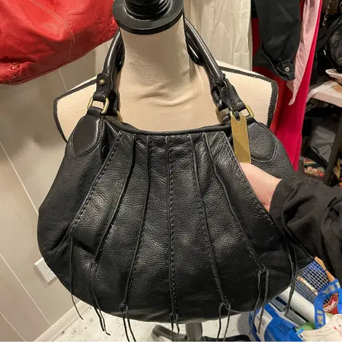 Botkier 90s-Y2K Botiker NY oversized black pebbled leather half moon tassel hobo bag big