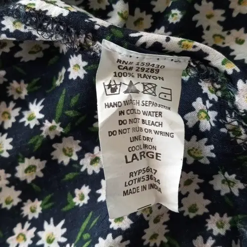 Elan Navy Blue Ditzy Daisy Floral Print A-line Tie Waist Midi Skirt