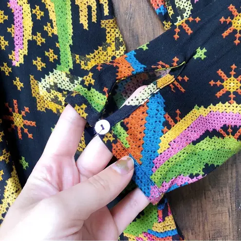 Farm Rio • Macaw Island Dress long sleeve maxi black cross stitch print