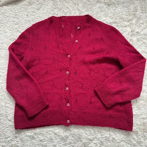 Handmade Gorgeous Knit Berry Red Wool Cardigan Pointelle Fits like Medium