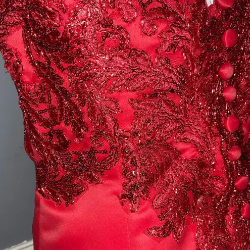 Handmade Red Mermaid Sleeveless Floral Lace Embroidered Beaded Fitted Formal Prom XS