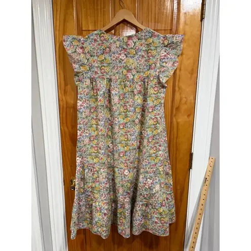 Vintage Floral House Dress Flutter Sleeve Embroidered Yoke Cottagecore Green Size M