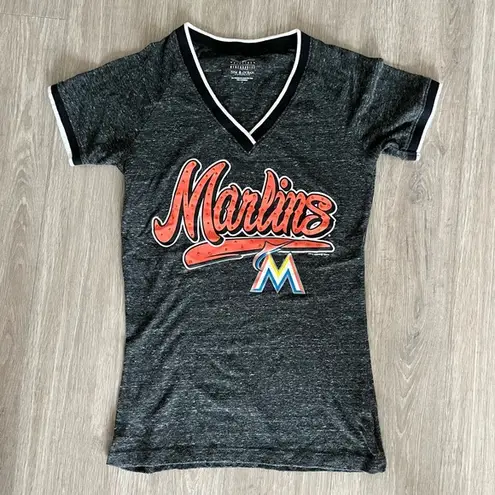 Marlins MLB Baseball Genuine Merchandise 2016 Gray Marled V Neck Bling Shirt Top