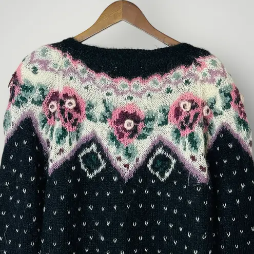 VTG Jennifer Reed Floral Fair Isle Sweater Hand Knit Small Cottagecore Grandma Black