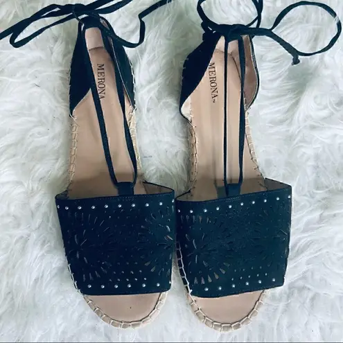 Black casual espadrille cute summer / spring lace up style wedge sandals… Size 8.5