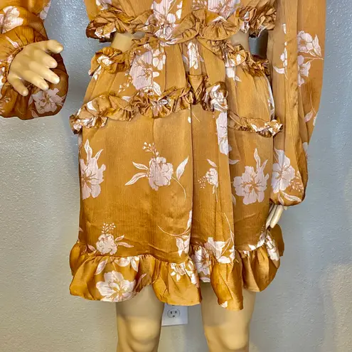 Privy Crinkled Satin Ruffle Long Sleeve Mini Dress Gold Brown White Size Large