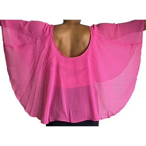 Love by Design Pink Sheer Cape Top Crochet Trim Flowy Blouse Cover Up Cropped XL
