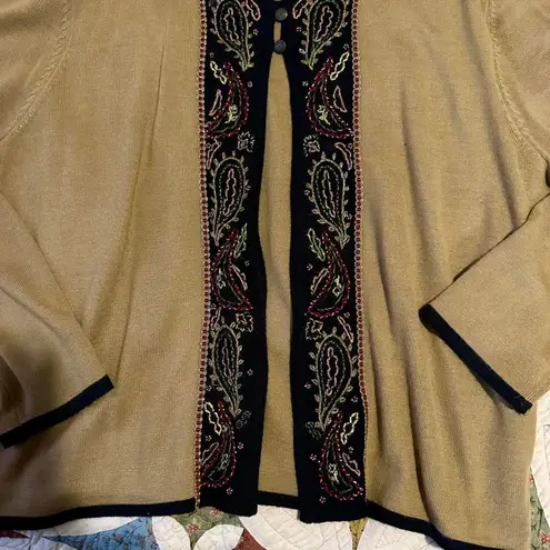 Unique vintage tan and black embroidered cottagecore grandma cardigan Size XL