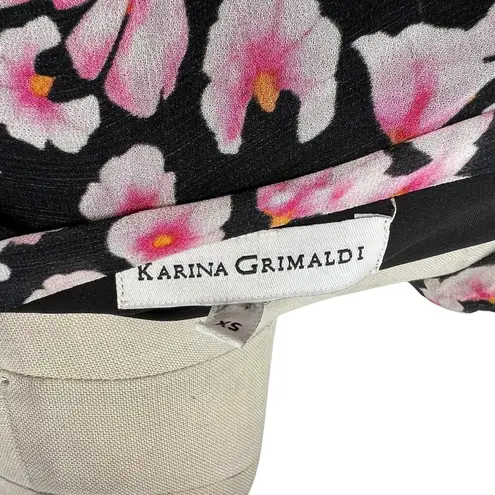 Karina Grimaldi Black Pink Floral Print Silk Surplice Neck Mini Dress XS