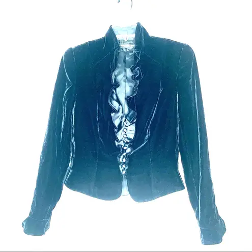 Carmen Marc Valvo black velvet ruffled silk blend fitted jacket size 6