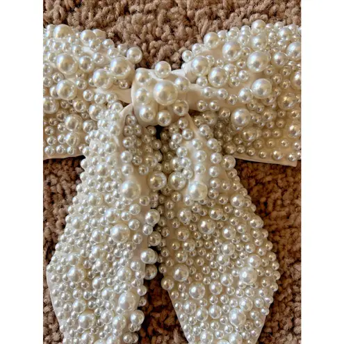 Ivory/Cream Allover Pearl Beaded Preppy Bridal Hair Bow Ribbon Clip Coquette
