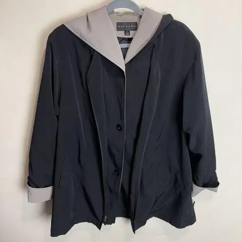 Gallery Women's Hooded Two Tone Raincoat Sz Small Removable Lining Black Beige