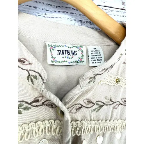 Vintage 90s Tantrums Khaki Jacket Embroidered Floral Button Size 2X Artsy