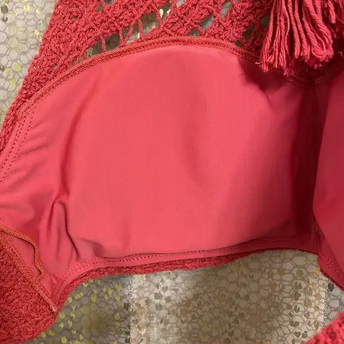 Crocheted burnt rust orange high neck halter boho bikini swim top, size M/L Orange Size M