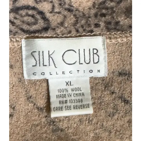 Silk Club Wool Cardigan Jacket Paisley Print Button Front Cozy XL Tan