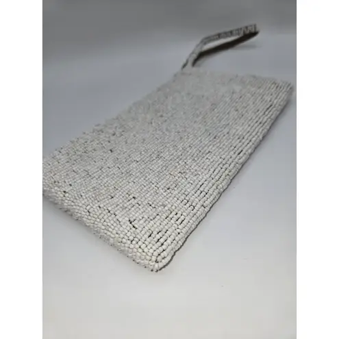 Handmade Vintage White Beaded Wristlet Clutch Mother of Pearl Accents Evening Bag