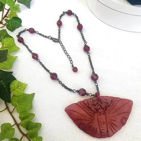 Unique Hand Carved Stone Butterfly Moth Pendant Necklace Red
