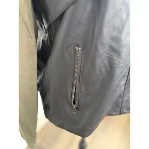 Sans Souci Faux Leather Olive Green Sleeve Jacket Bomber Moto Style