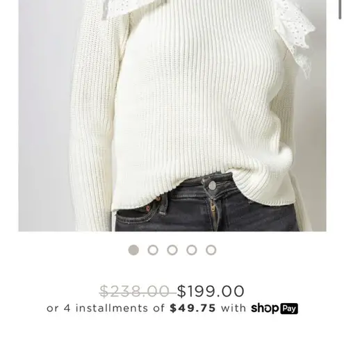 LILLA P Eyelet Ruffle Shoulder Trimmed Crew Neck Ribbed Sweater White Size L Size L