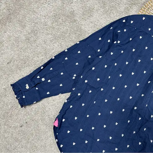 Kerri Rosenthal Women’s Mia Ruffle Button Down Shirt Tiny Heart Print in Navy XL Blue