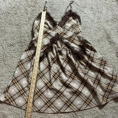 Stitch Pine Plaid Lace Trim Cami Dress XS Brown White Yellow Flannel