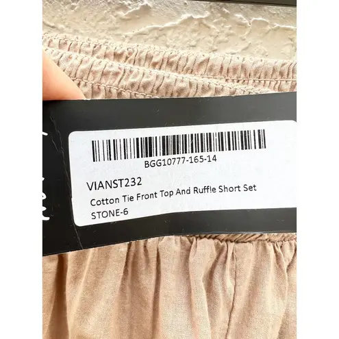Nasty Gal NWT  Long Sleeve Cotton Tie-Front Top and Ruffle Short Set Stone Size 6 - Image 9