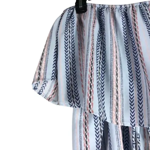 Sage  Off the Shoulder Romper Womens L Blue Striped Ruffle Boho Coastal Cowgirl - Image 3