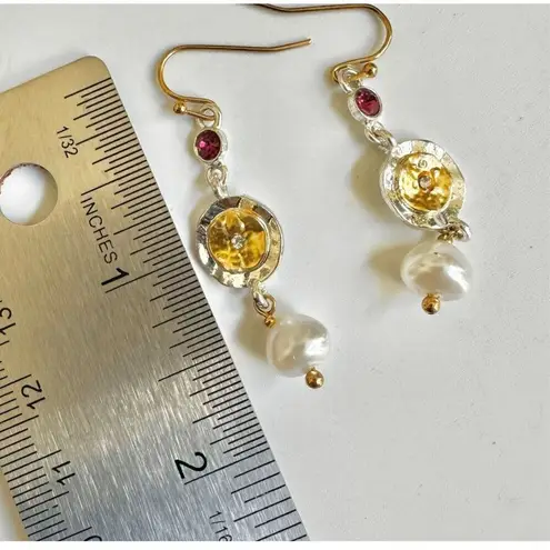 Faux pearl silver gold tone drop earrings