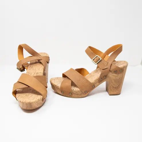 NEW Kork-Ease Drew Leather Cross Banded Platform Cork Sandals Heels Shoes Brown